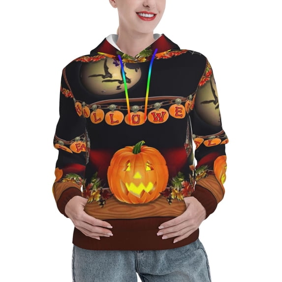 Lsque Halloween Decoration Pattern Casual Women's Hoodie,Hooded Sweatshirt with Kangaroo Pocket,Pullover Hoodie with Eye-catching Drawstrings-Small