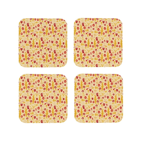 Lsque Halloween Elements Pattern 4" Drink Coasters Set of 4, PVC Leather Absorbent Coasters, Table Coaster Set Decorative Coffee Cup Coasters Housewarming Gift -Square