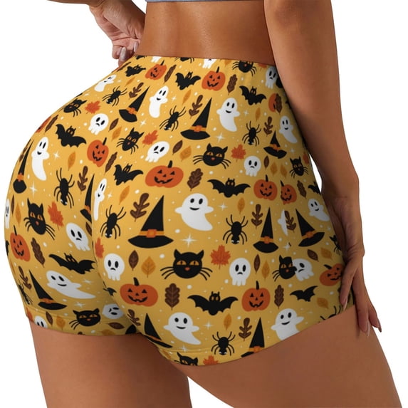 Lsque Halloween Ghost Pumpkin Pattern High Waisted Biker Shorts for Women-Tummy Control Fitness Athletic Workout Running Yoga Gym Shorts,Moisture-Wicking-Large