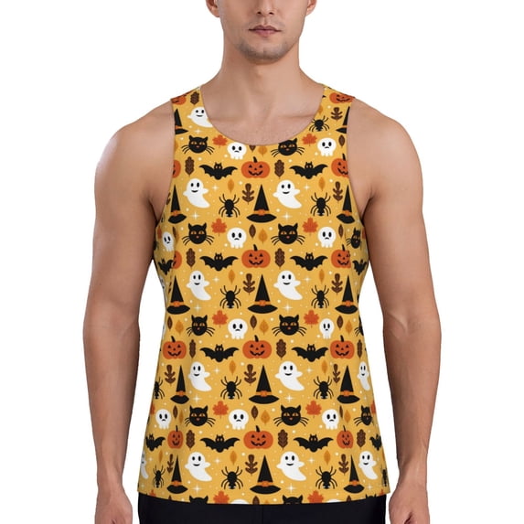 Lsque Halloween Ghost Pumpkin Pattern Mens Tank Tops Muscle Athletic Quick Dry Sleeveless Workout Fitness T Shirts Beach Tank Top, Loose-fit Sleeveless Shirt for Men-Large