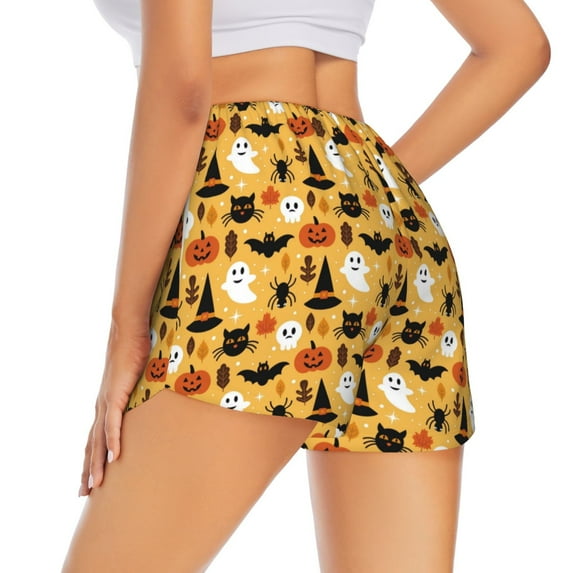 Lsque Halloween Ghost Pumpkin Printed Women's Running Shorts with Liner Pockets,Elastic Quick Dry Workout Athletic Gym Yoga Shorts,Womens High Waist Shorts-Small
