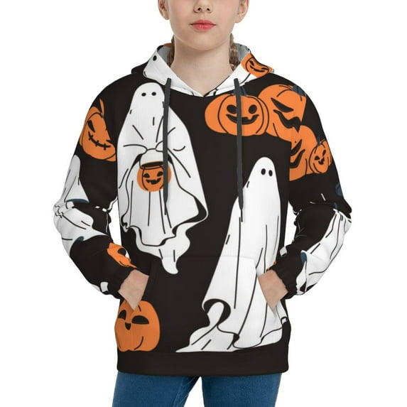 Lsque Halloween Ghosts And Pumpkins Patten Youth Hoodie Sweatshirt Pullover with Kangaroo Pocket Boys and Girls Hoodie Warm Hoodie for Kids-Small