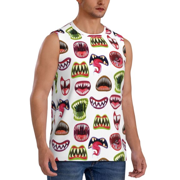 Lsque Halloween Mouth Print Men's Cotton Blend Sleeveless Muscle Shirts (S-3XL)- Moisture Wicking, Odor Protection, UPF 30 ,3X-Large