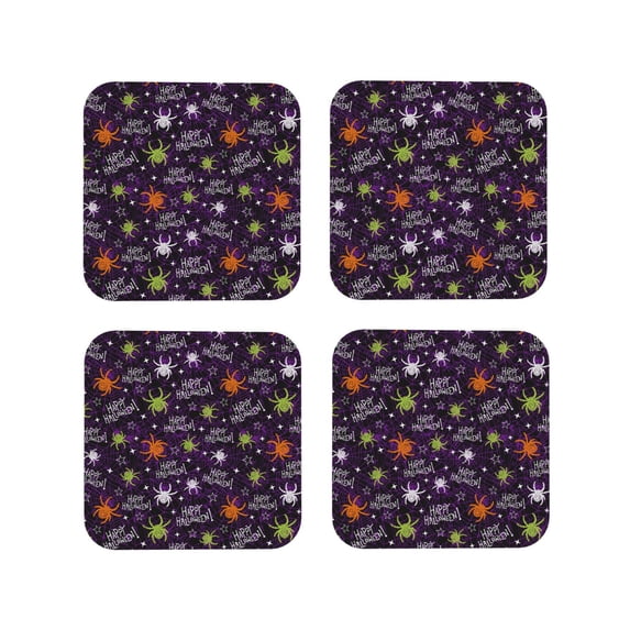 Lsque Halloween Pattern 4" Drink Coasters Set of 4, PVC Leather Absorbent Coasters, Table Coaster Set Decorative Coffee Cup Coasters Housewarming Gift -Square