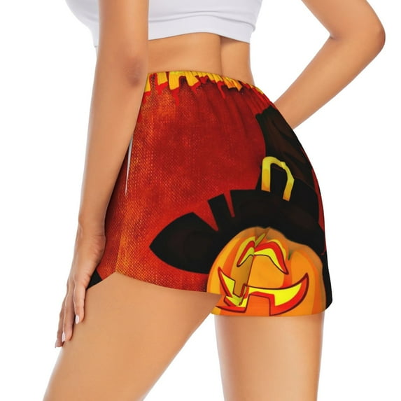 Lsque Halloween Pumpkin Printed Women's Running Shorts with Liner Pockets,Elastic Quick Dry Workout Athletic Gym Yoga Shorts,Womens High Waist Shorts-Large