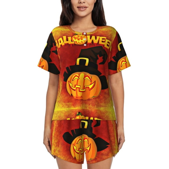 Lsque Halloween Pumpkin Women's Short-Sleeved Pajama Set - 2 Piece Soft and Lightweight Sleepwear Set-3X-Large