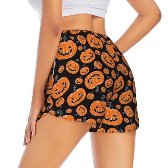 Lsque Halloween Pumpkins Printed Women's Running Shorts with Liner Pockets,Elastic Quick Dry Workout Athletic Gym Yoga Shorts,Womens High Waist Shorts-X-Large