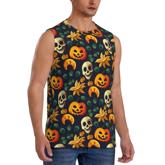 Lsque Halloween Skull Print Men's Cotton Blend Sleeveless Muscle Shirts (S-3XL)- Moisture Wicking, Odor Protection, UPF 30+,3X-Large