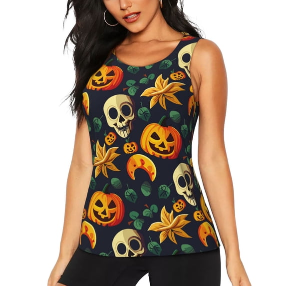 Lsque Halloween Skull Printed Workout Tank Tops for Women, Athletic Sports Tank Tops, Compression Sleeveless Dry Fit Shirts,Sleeveless Yoga Shirt-XX-Large