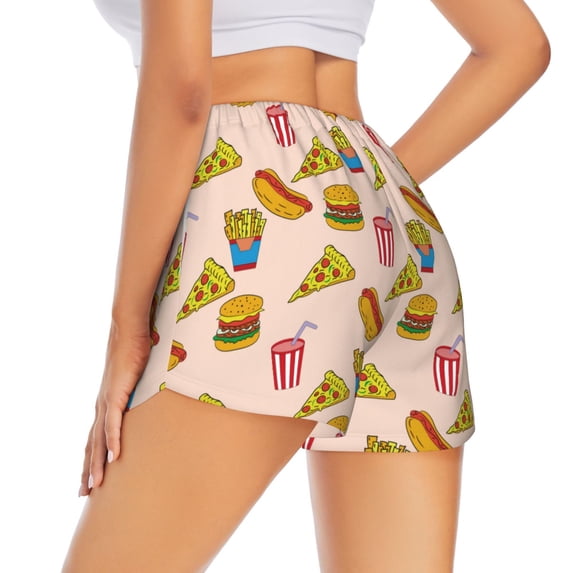 Lsque Hamburger Pizza Coke Printed Women's Running Shorts with Liner Pockets,Elastic Quick Dry Workout Athletic Gym Yoga Shorts,Womens High Waist Shorts-Large