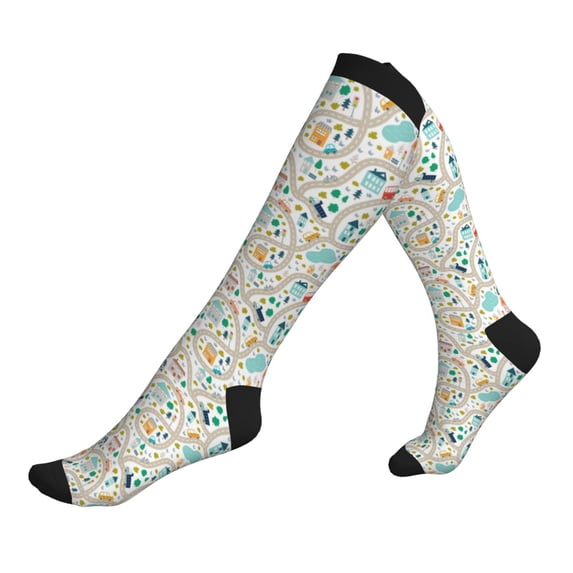 Lsque Hand Drawn Cars Trucks Buses And Roads Pattern Sport Compression Socks for Men & Women 15-20 mmHg Knee High Nurse Pregnant Running Medical and Travel Athletic