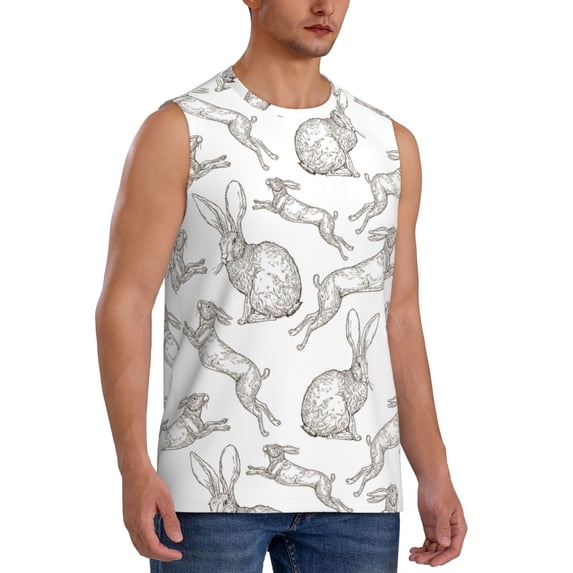 Lsque Hand Drawn Rabbit Print Men's Cotton Blend Sleeveless Muscle Shirts (S-3XL)- Moisture Wicking, Odor Protection, UPF 30+,3X-Large