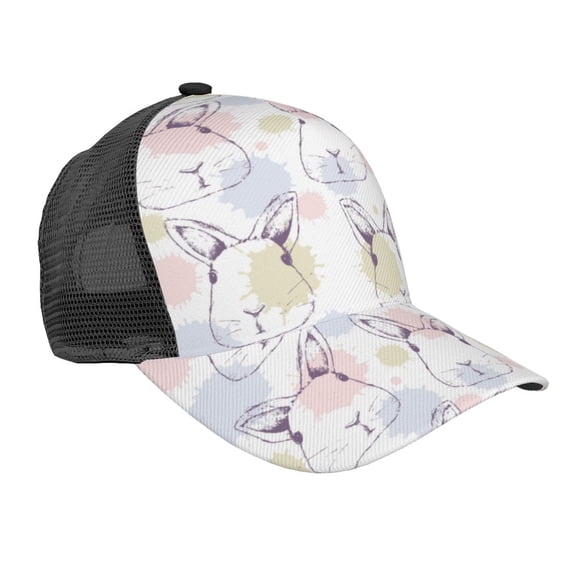 Lsque Hand Drawn Rabbit Printed Trucker Hat - Baseball Cap for Men Women - Breathable Mesh Side, Adjustable Fit - for Casual Wear