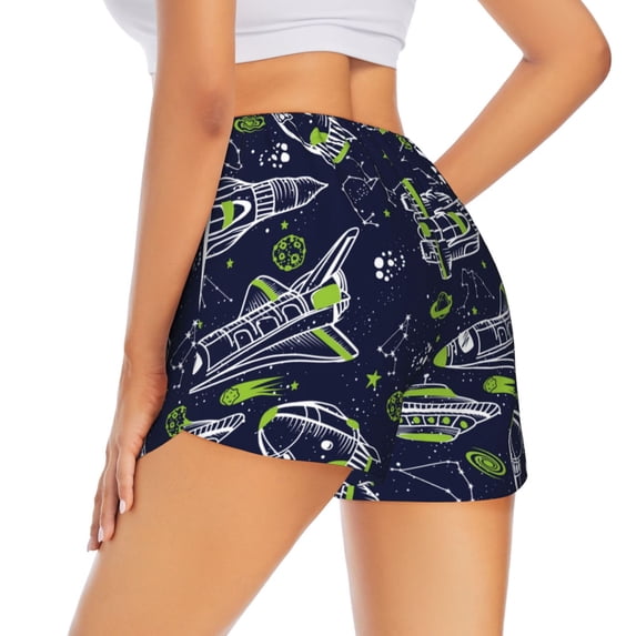 Lsque Hand Drawn Rockets Printed Women's Running Shorts with Liner Pockets,Elastic Quick Dry Workout Athletic Gym Yoga Shorts,Womens High Waist Shorts-X-Large