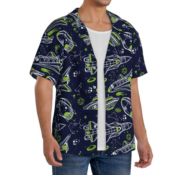 Lsque Hand Drawn Rockets print Men's Cuban Collar Short Sleeve Shirt Summer Beachwear Casual Button Down Fashionable Vacation Leisure Shirt-XX-Large
