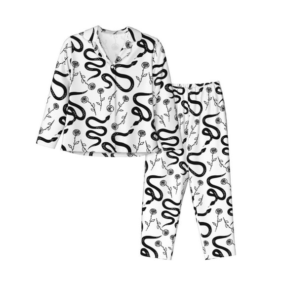 Lsque Hand Drawn Snake Pattern Long Sleeve Pajama Set for Women - Soft 2-Piece Sleepwear and Loungewear Set with Pockets, Comfy Nightwear-Medium