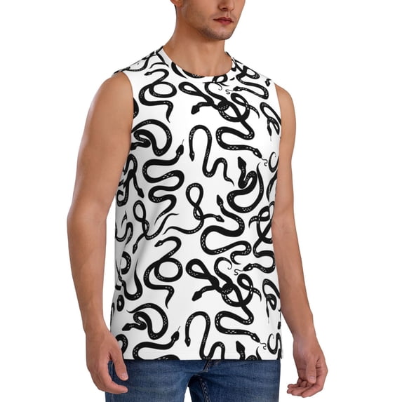 Lsque Hand Drawn Snake Print Men's Cotton Blend Sleeveless Muscle Shirts (S-3XL)- Moisture Wicking, Odor Protection, UPF 30+,X-Large