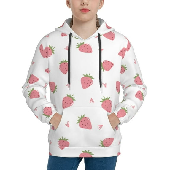 Lsque Hand Drawn Strawberry Patten Youth Hoodie Sweatshirt Pullover with Kangaroo Pocket Boys and Girls Hoodie Warm Hoodie for Kids-Large