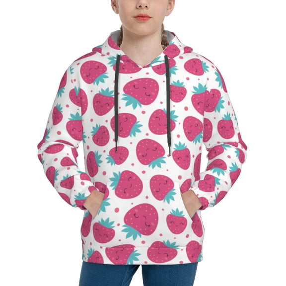 Lsque Hand Drawn Strawberry Patten Youth Hoodie Sweatshirt Pullover with Kangaroo Pocket Boys and Girls Hoodie Warm Hoodie for Kids-Medium
