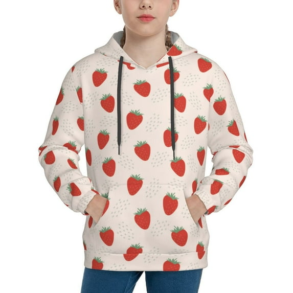 Lsque Hand Drawn Strawberry Patten Youth Hoodie Sweatshirt Pullover with Kangaroo Pocket Boys and Girls Hoodie Warm Hoodie for Kids-Medium