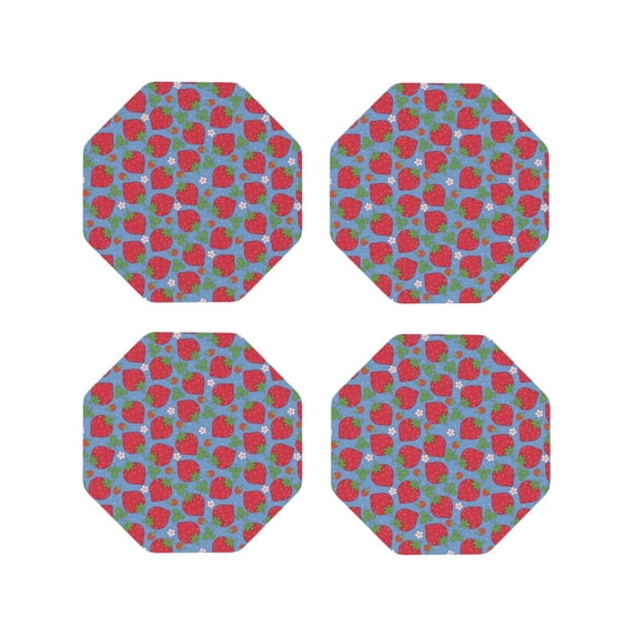 Lsque Hand Drawn Strawberry Pattern 4" Drink Coasters Set of 4, PVC Leather Absorbent Coasters, Table Coaster Set Decorative Coffee Cup Coasters Housewarming Gift -Octagon