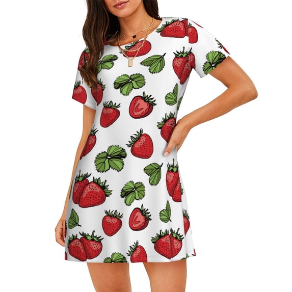 Lsque Hand Drawn Strawberry Pattern Nightgowns for Women Sleep Shirts Short Sleeve Nightshirt Pullover Nightdress Soft Sleepwear Relaxed Fit Nightdress