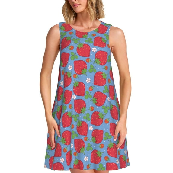 Lsque Hand Drawn Strawberry Pattern Summer Dresses for Women – Sleeveless T-Shirt Swing Sundress, Perfect for the Beach and Casual Days