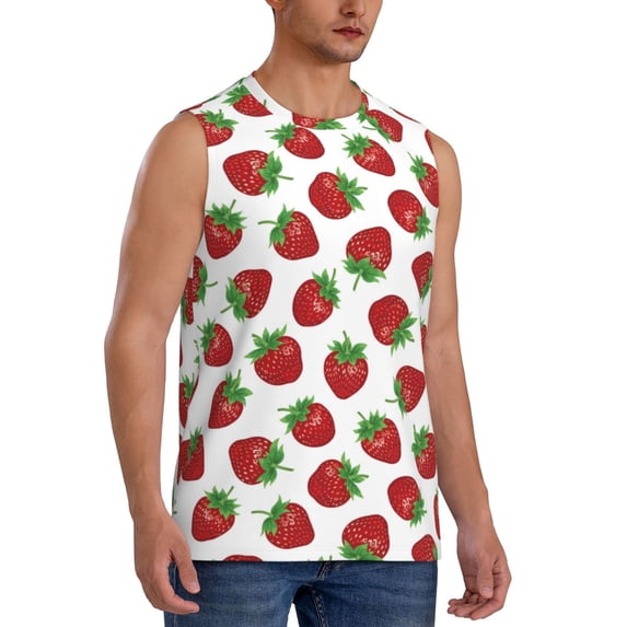Lsque Hand Drawn Strawberry Print Men's Cotton Blend Sleeveless Muscle Shirts (S-3XL)- Moisture Wicking, Odor Protection, UPF 30+,Medium