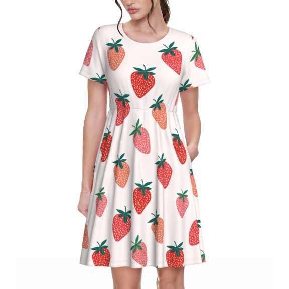 Lsque Hand Drawn Strawberry Print Women's Casual Dress T-Shirt Summer Short Sleeve Scoop Neck Swing Dresses