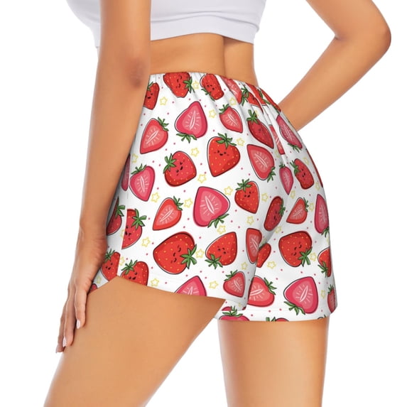 Lsque Hand Drawn Strawberry Printed Women's Running Shorts with Liner Pockets,Elastic Quick Dry Workout Athletic Gym Yoga Shorts,Womens High Waist Shorts-X-Large