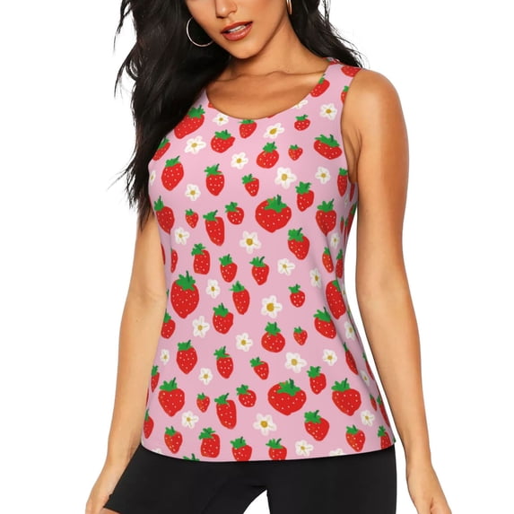 Lsque Hand Drawn Strawberry Printed Workout Tank Tops for Women, Athletic Sports Tank Tops, Compression Sleeveless Dry Fit Shirts,Sleeveless Yoga Shirt-Large