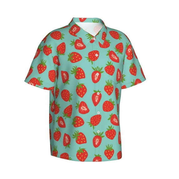 Lsque Hand Drawn Strawberry pattern Hawaiian Shirt for Men, Unisex Summer Beach Casual Short Sleeve Button Down Shirts-Small
