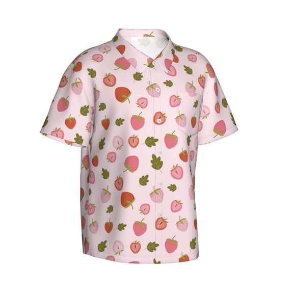 Lsque Hand Drawn Strawberry pattern Hawaiian Shirt for Men, Unisex Summer Beach Casual Short Sleeve Button Down Shirts-Small