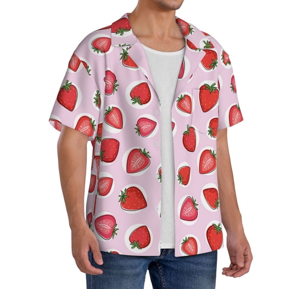 Lsque Hand Drawn Strawberry print Men's Cuban Collar Short Sleeve Shirt Summer Beachwear Casual Button Down Fashionable Vacation Leisure Shirt-3X-Large