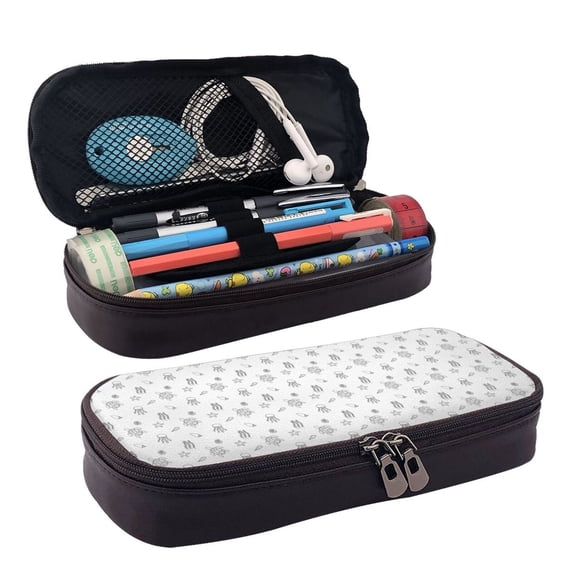 Lsque Hand Drawn Turtle Printed Big Capacity PU Leather Pencil Case Large Pencil Pouch Stationery Pen Bag Pencil Holder for Teen