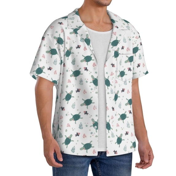 Lsque Hand Drawn Turtle print Men's Cuban Collar Short Sleeve Shirt Summer Beachwear Casual Button Down Fashionable Vacation Leisure Shirt-Large