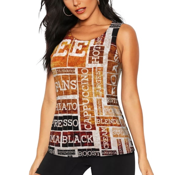 Lsque Hand Drawn Vintage Coffee Printed Workout Tank Tops for Women, Athletic Sports Tank Tops, Compression Sleeveless Dry Fit Shirts,Sleeveless Yoga Shirt-XX-Large