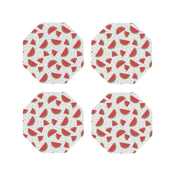 Lsque Hand Drawn Watermelon Pattern 4" Drink Coasters Set of 4, PVC Leather Absorbent Coasters, Table Coaster Set Decorative Coffee Cup Coasters Housewarming Gift -Octagon