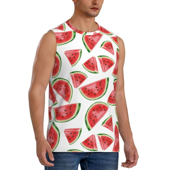 Lsque Hand Drawn Watermelon Print Men's Cotton Blend Sleeveless Muscle Shirts (S-3XL)- Moisture Wicking, Odor Protection, UPF 30+,3X-Large