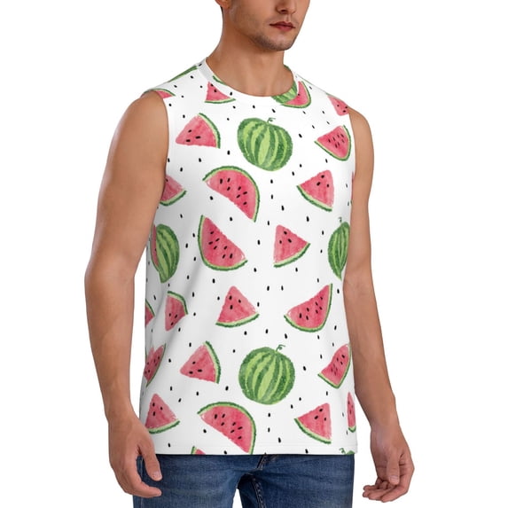 Lsque Hand Drawn Watermelon Print Men's Cotton Blend Sleeveless Muscle Shirts (S-3XL)- Moisture Wicking, Odor Protection, UPF 30+,