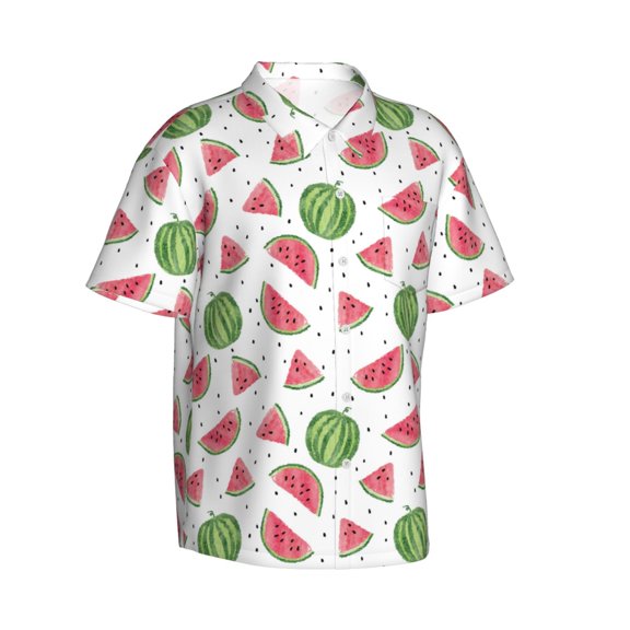 Lsque Hand Drawn Watermelon pattern Hawaiian Shirt for Men, Unisex Summer Beach Casual Short Sleeve Button Down Shirts-Large