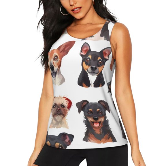 Lsque Happy Dog Faces Collage Printed Workout Tank Tops for Women, Athletic Sports Tank Tops, Compression Sleeveless Dry Fit Shirts,Sleeveless Yoga Shirt-XX-Large