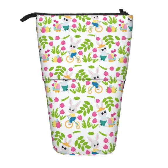 Lsque Happy Easter Pattern Telescopic Pencil Bag Pen Holder Stationery Case, Stand-up Retractable Transformer Bag Organizer