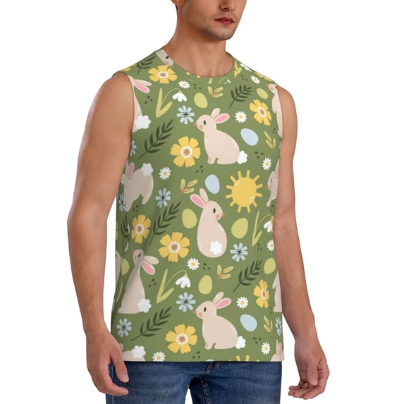 Lsque Happy Easter Print Men's Cotton Blend Sleeveless Muscle Shirts (S-3XL)- Moisture Wicking, Odor Protection, UPF 30+,Medium