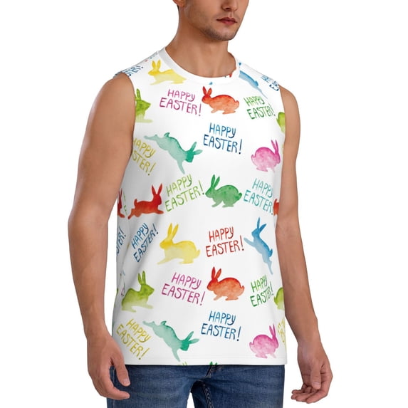 Lsque Happy Easter Rabbit Print Men's Cotton Blend Sleeveless Muscle Shirts (S-3XL)- Moisture Wicking, Odor Protection, UPF 30+,Large