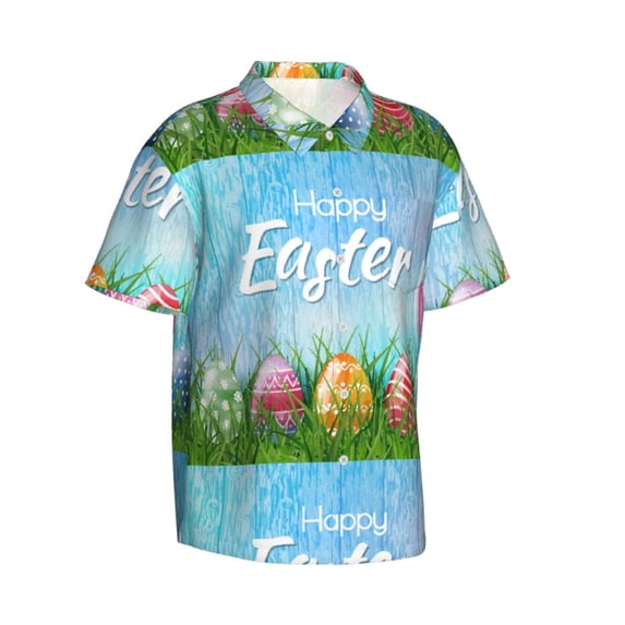 Lsque Happy Easter pattern Hawaiian Shirt for Men, Unisex Summer Beach Casual Short Sleeve Button Down Shirts-Large