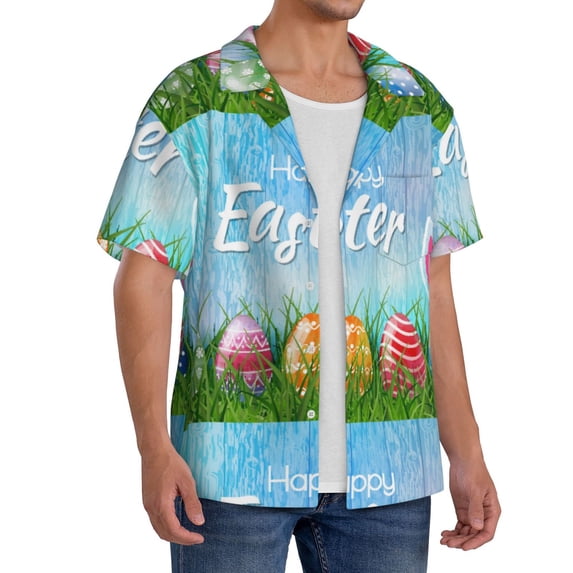 Lsque Happy Easter print Men's Cuban Collar Short Sleeve Shirt Summer Beachwear Casual Button Down Fashionable Vacation Leisure Shirt-4X-Large