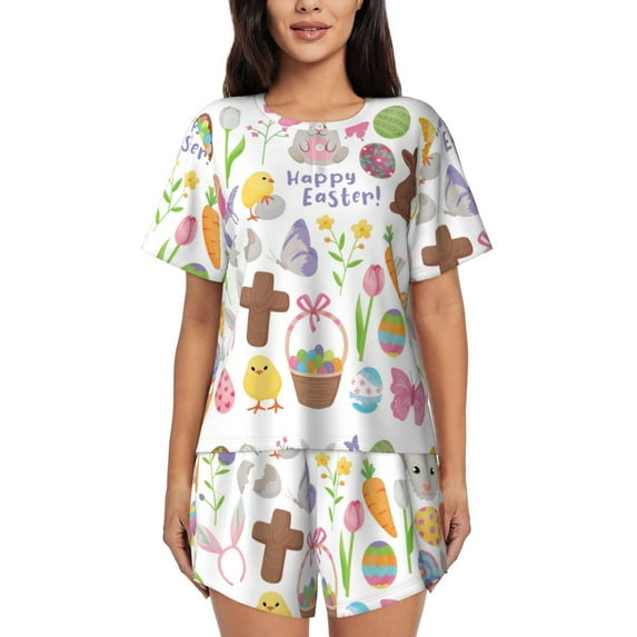 Lsque Happy Easter1 Women's Short-Sleeved Pajama Set - 2 Piece Soft and Lightweight Sleepwear Set-3X-Large