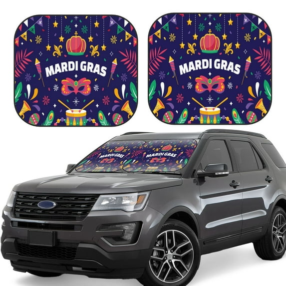 Lsque Happy Mardi Gras 2 PCS Windshield Sun Shade | CarFoldable Window Covers | Car Accessories Reflect UV for Universal Cars SUV Truck | Large