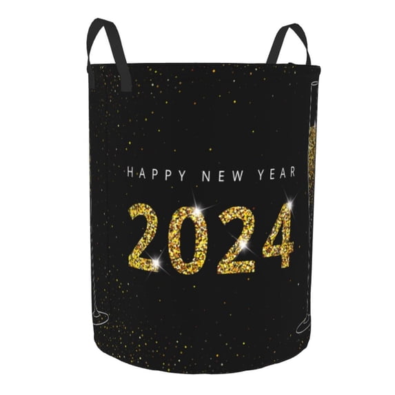 Lsque Happy New Year 2024 (2) pattern Laundry Hamper Basket, Tall Woven Rope Hamper Basket for Clothes, Lightweight Storage Basket, Collapsible Waterproof-Medium